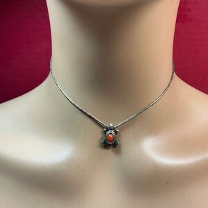 Liquid Sterling Silver Stationary a turtle 🐢 Pendant W/ Red Coral Bead. 14.5”